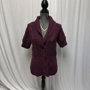 Eddie Bauer Womens XL Shawl Collar Sweater Eggplant Purple Short Sleeve Cardigan